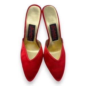 Vintage Frederick's of Hollywood Mules Womens 6.5 Red Satin Stiletto Rhinestone
